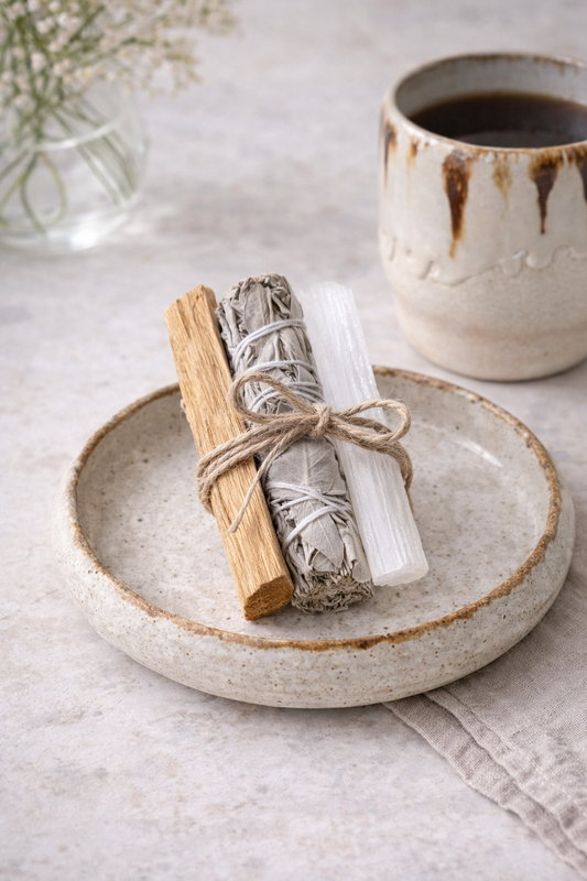 Bundt med palo santo, hvid salvie og selenit